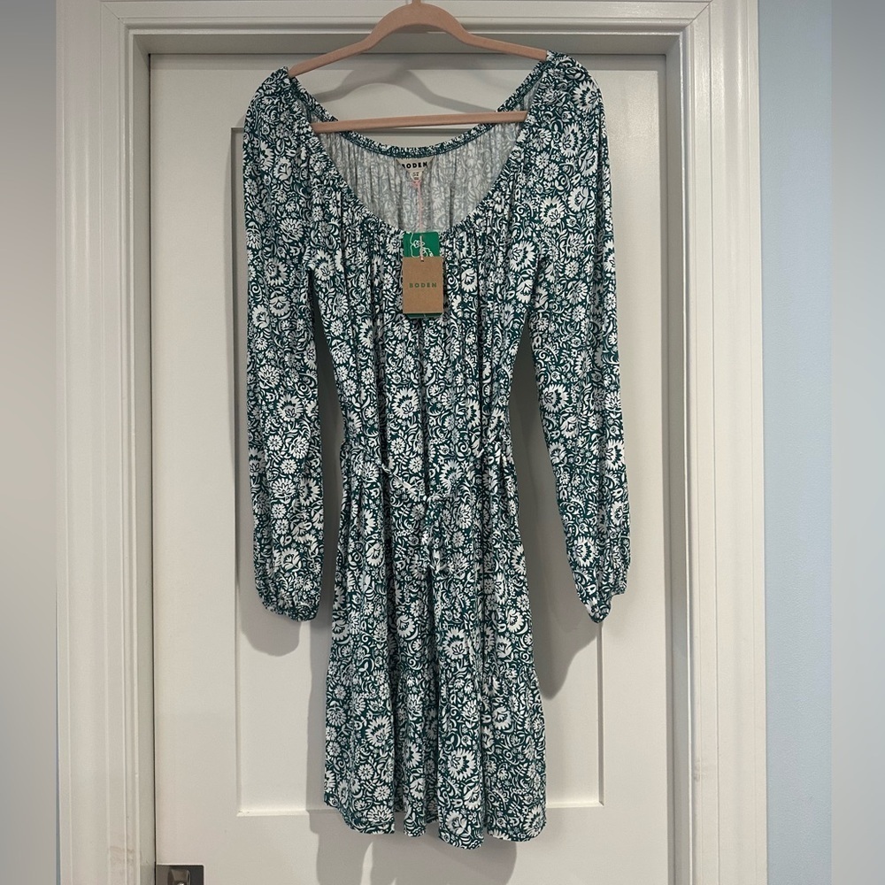 NWT Boden green and white floral long sleeve dress with tie waist